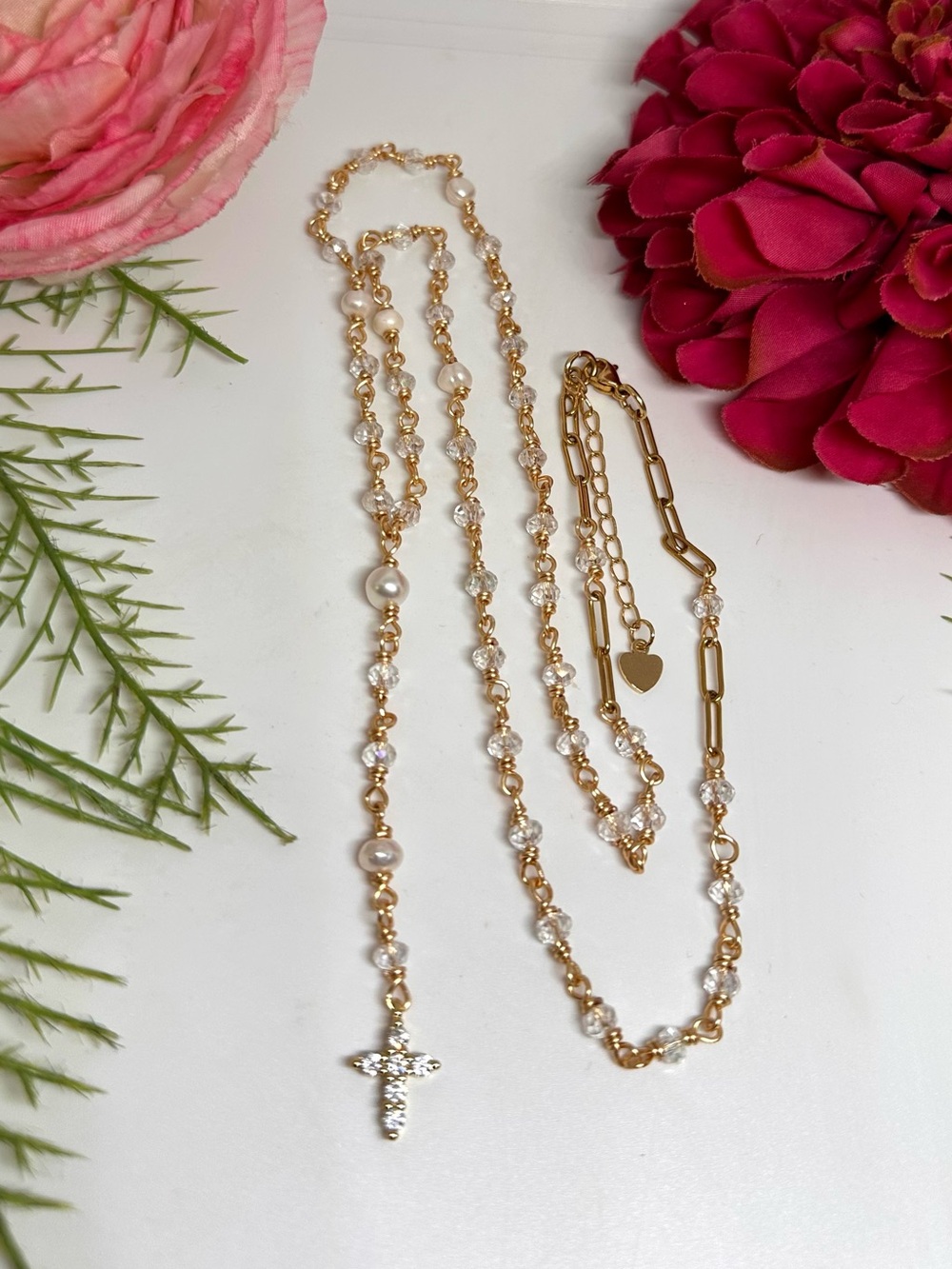 NEW ⚜️ Freshwater Pearl & Crystal Handmade Rosary Necklace - Picture 5 of 9